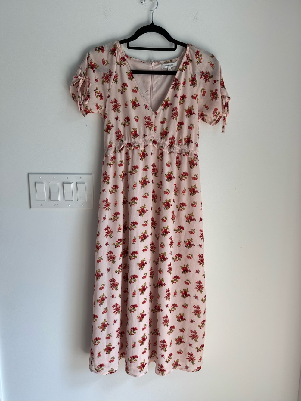 Madewell Dress Womens 00 Pink Midi Floral Tie Sleeve Ruffle Waist Fit and Flare